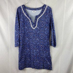 Lucky Brand Navy Blue/White  Long Sleeve Cotton Shirt Tunic Dress Large